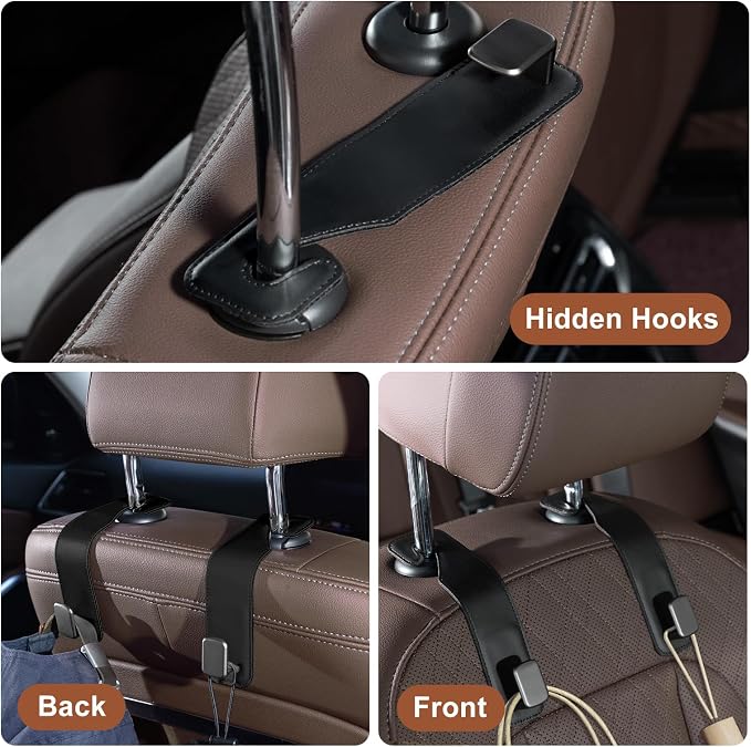CoBak Headrest Hooks for Car - Universal Premium Stitched Leather and Aluminum-Magnesium Alloy Single Car Seat Back Storage Hook for Purses, Handbags, Bags (2 Pack),Black - Image 5