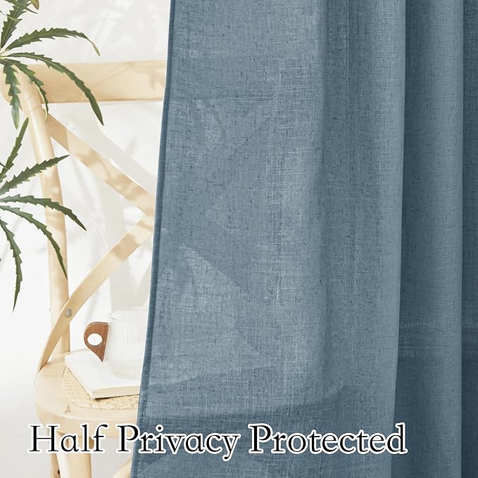 RYB HOME Linen Sheer Curtains 102 inches Long for Living Room | Vertical Boho Rustic, Home Decor, Privacy Semi Sheer, for Kids Room, Rod Pocket, Stone Blue, W52 x L102, 2 Panels Set - Image 5