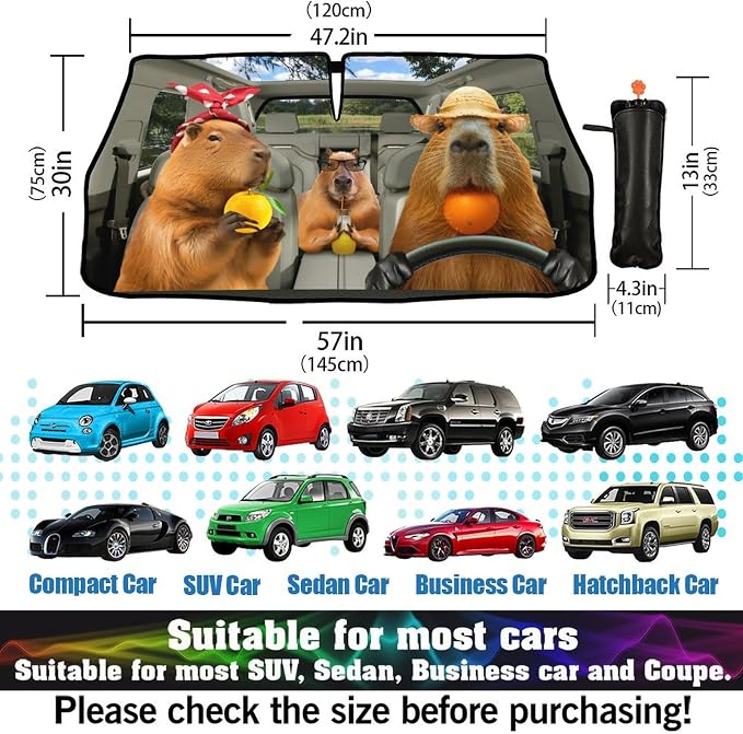 Funny Capybara Car Windshield Sunshade Umbrella Capybaras Sun Shade Umbrella for Car Foldable Windshield Umbrella Block UV Rays Heat Keep Vehicle Cool for Cars SUV 57"x30" - Image 3