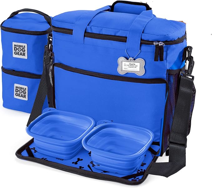 Mobile Dog Gear Week Away Airline Approved Dog Travel Bag (15"x7"x14", Blue) - Includes 2 Pet Food Storage Containers + 2 Collapsible Dog Water Bowls by MobileDogGear