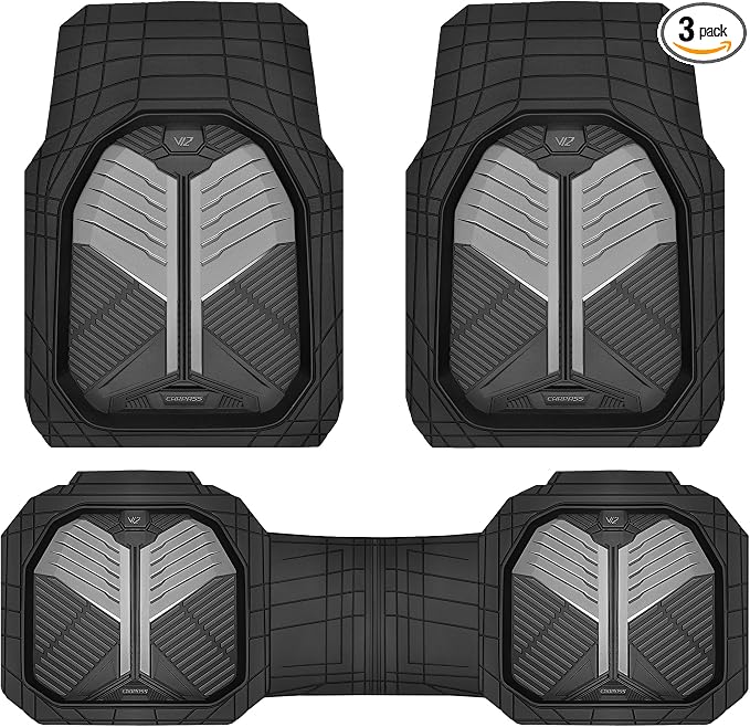 CAR PASS Heavy Duty Rubber Car Mats, Deep-Dish Car Floor Mats All Weather, Universal Two-Tone Trim-to-Fit for SUVs Trucks Sedans, Waterproof Anti-Slip, 3 Pieces V12 Black and Metallic Gray by CARPASS