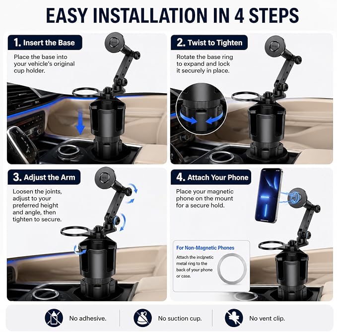 Magnetic Cup Holder Phone Mount for Car, Dual Cup Holder Adjustable Arm | 2-in-1 phone mount & cup expander, cleaner car, no interior damage, no suction, no adhesive, no vent clip, safer no-drop hold - Image 7