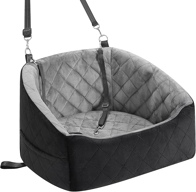 Dog Car Seat for Small Dogs Up to 30 Lbs, Pet Travel Safety Bed for Puppy Cat, Fits in Front/Back Seat, Anti Slip Base, Fully Detachable Washable with 2 Safety Tether(Grey-Black) by Unknown