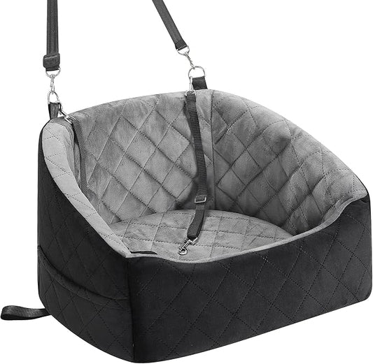 Dog Car Seat for Small Dogs Up to 30 Lbs, Pet Travel Safety Bed for Puppy Cat, Fits in Front/Back Seat, Anti Slip Base, Fully Detachable Washable with 2 Safety Tether(Grey-Black) by Unknown