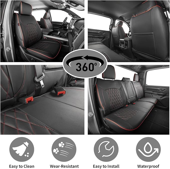 EKR Ram 1500 Seat Covers Custom Fit for (Quad Cab) RAM 1500 Tradesman 2019 2020 2021 2022 2023 2024 2025,Waterproof Black Car Seat Cover for Trucks Full Set-Faux Leather(Black with Red Piping) - Image 6