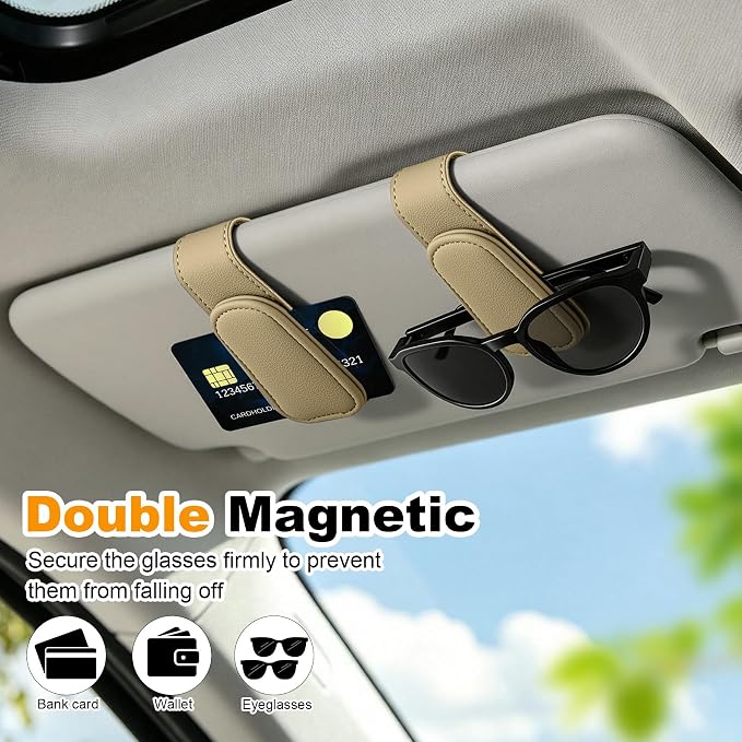 Sunglass Holder for Car Visor Magnetic Leather Visor Sunglasses Clip Eyeglass Hanger Clip for Car Sun Visor Beige 1 Pack - Image 8