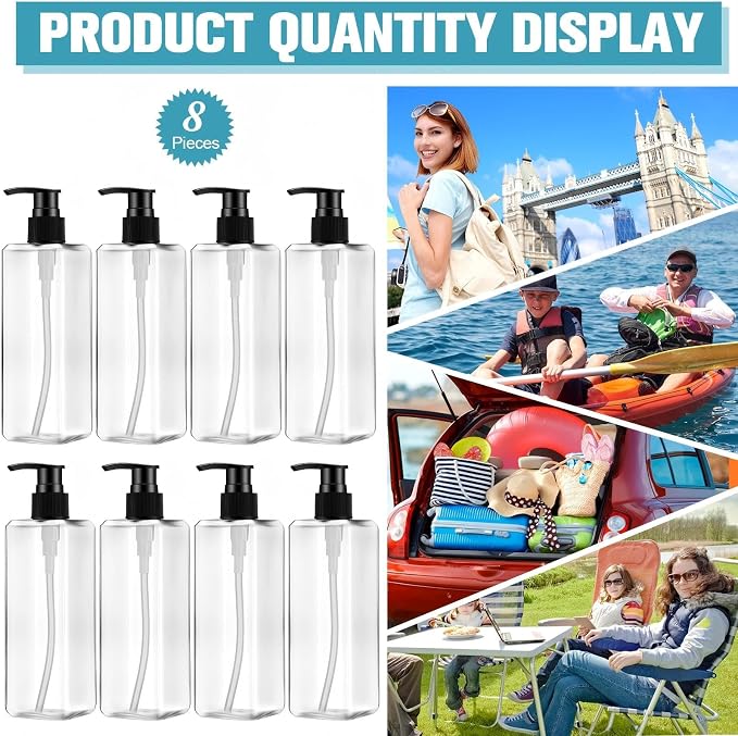 Didaey 8 Pcs Empty Shampoo Bottles with Pump 16 Oz Plastic Soap Dispenser Refillable Body Wash Bottles for Bathroom, Kitchen Sink, Hotel, Salon(Transparent, Black) - Image 3
