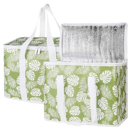 Bodaon 2-Pack Insulated Reusable Grocery Shopping Bags, X-Large Picnic Cooler Bag with Zipper Zippered Top Cold, Green-Leaf | Secure Zippered Top Warmer, Heavy Duty Insulated Food Delivery Bag, For Commercial Catering Rideshare Driver/Picnic, Foldable by Bodaon