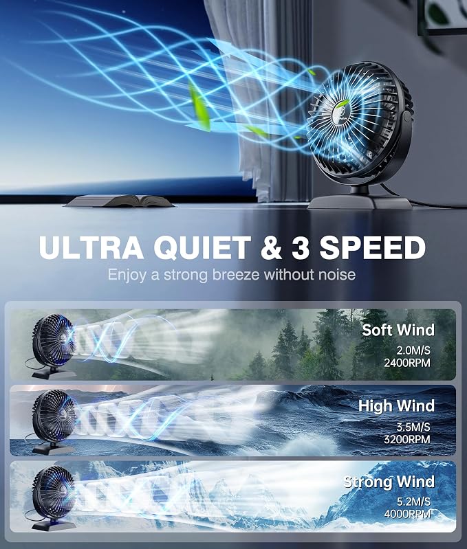 JZCreater USB Desk Fan, USB Fan Mini, 360 Rotation Desktop Fan with 3 Speed, Table Personal Cooling Fan, Quiet Mini Desk Fan, USB Powered, Small Fan for Home Office Bedroom Car Travel,Black+Black - Image 3