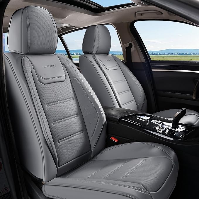Coverado Car Seat Covers Full Set, Seat Covers for Cars, Car Seat Cover, Car Seat Protector Waterproof, Leather Car Seat Cushion, Universal Car Interior Covers Seat Protectors for Most Cars Gray - Image 2