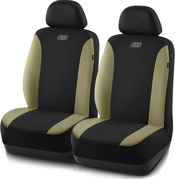 Skechers Seat Covers, Premium Breathable Polyester Seat Covers, Car Seat Covers Front Seats Airbag Compatible, Automotive Comfort for Most Cars, Vans, Trucks, SUVs (Two Front, Beige) by Unknown
