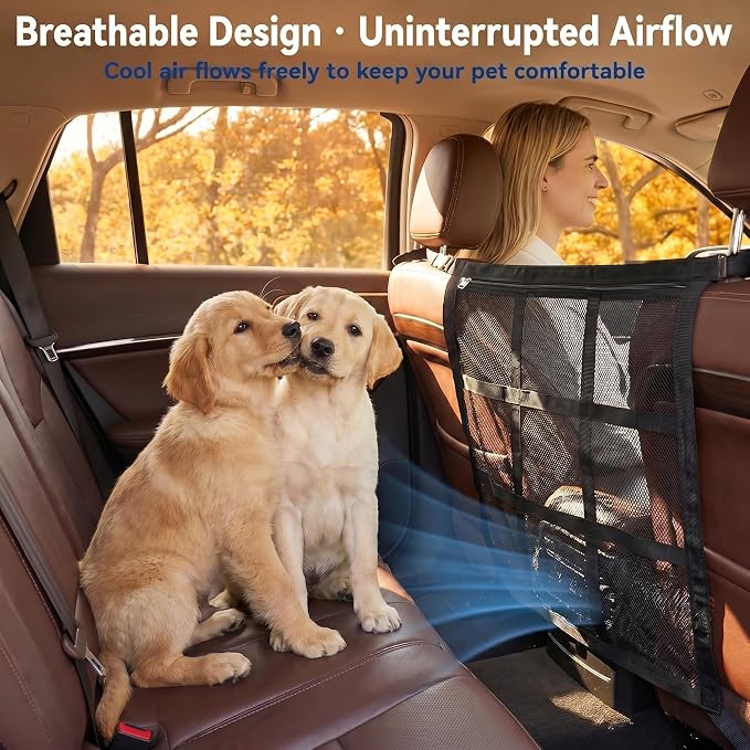 Dog Car Barrier, 9-Grid Reinforced Sturdy Pet Car Divider, Breathable Double-Layer Mesh with Zipper Storage, Easy to Install, Pet Travel Safety Barrier for SUVs, Sedans & Trucks - Image 2