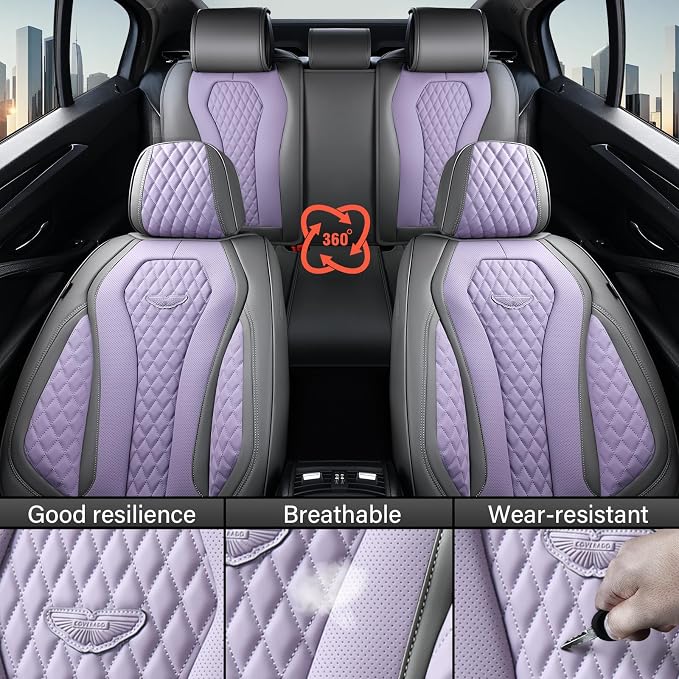 Coverado Automotive Seat Covers, Car Seat Covers Full Set, Purple Car Seat Cover, Car Seat Covers Front Seats Back Seat Cover, Waterproof Car Seat Cushion,Leather Seat Protector Fit for Most Cars - Image 5