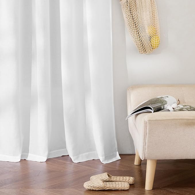 RYB HOME Linen Sheer Curtains 2 Panels for Living Room, Semi Transparent Privacy Drapes with Rod Pocket Farmhouse Style Window Treatments for Bedroom, White, 38" W x 63" L - Image 5