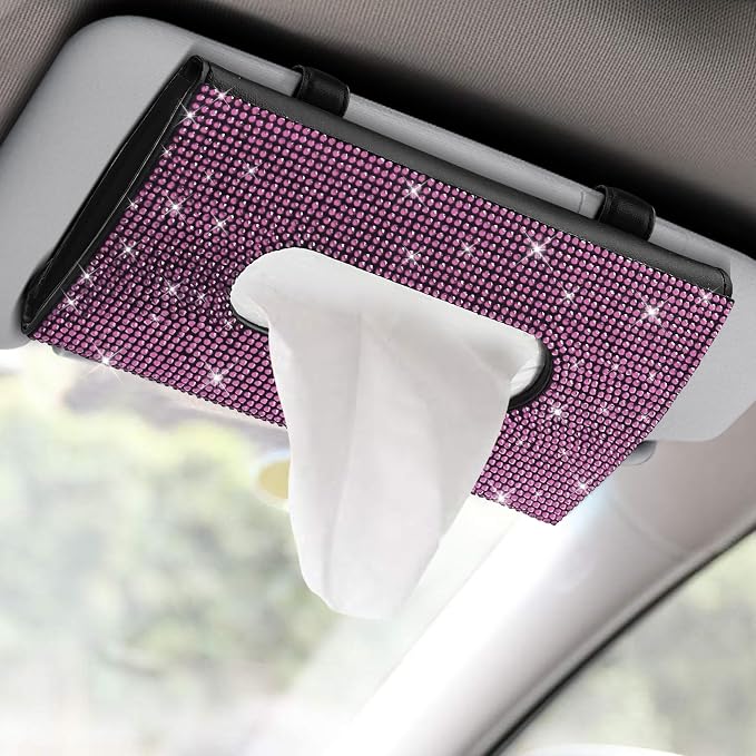 Bling Car Sun Visor Tissue Box Holder, Visor Accessories, Rhinestone PU Leather Crystal Sparkling Napkin Holder, Auto Sun Visor Paper Towel Cover Case Accessories for Most Cars (Pink) by Unknown