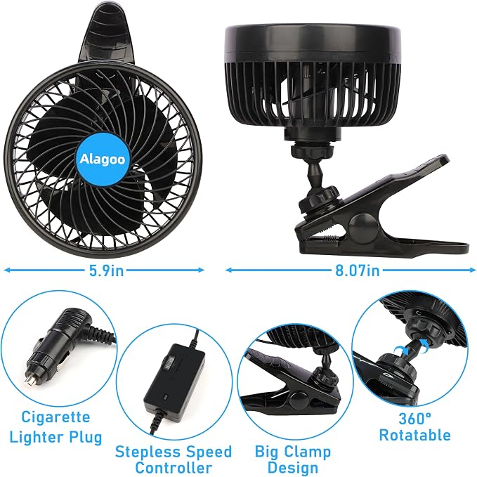Alagoo Car Fan 6'' 12V Cool Gadgets Clip Fan for Front Rear Seat Passenger Portable Electric Air Fresh Fan with Cigarette Lighter Plug for Cars/Vehicle SUV, RV - Image 2