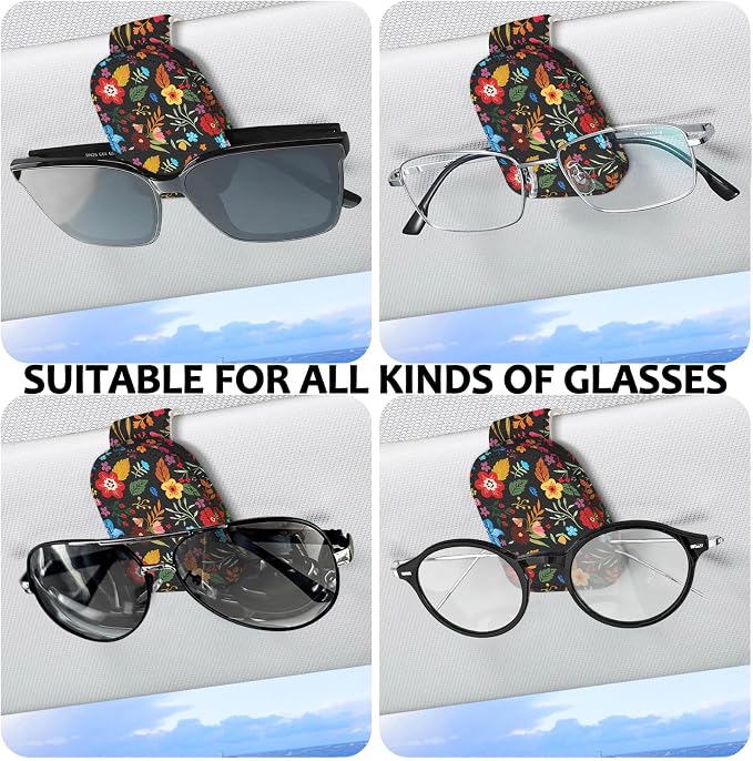2 Pack Magnetic Leather Sunglass Holder, Universal Magnetic Car Eyeglass Hanger Clip for Different Size Eyeglasses, Car Visor Accessories (Black Floral) - Image 5