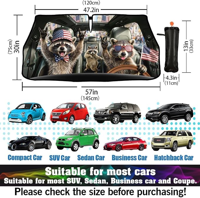Socira Funny Rocking Raccoon Car Windshield Sun Shade Umbrella Foldable | Rock Racoons Sunshade for Front Window Auto Windshield Sunshade Covers Car Accessories Gifts Protect from Sun Rays Heat - Image 3