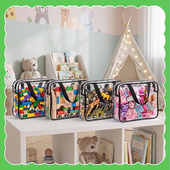 Toy Storage Bags 4 Pack, Clear PVC Toy Organizers, Black | Waterproof PVC, Large 30 x 10 x 22 CM Size, Label-Ready, For Toys, Books, Puzzles, Classroom and Travel - Image 6