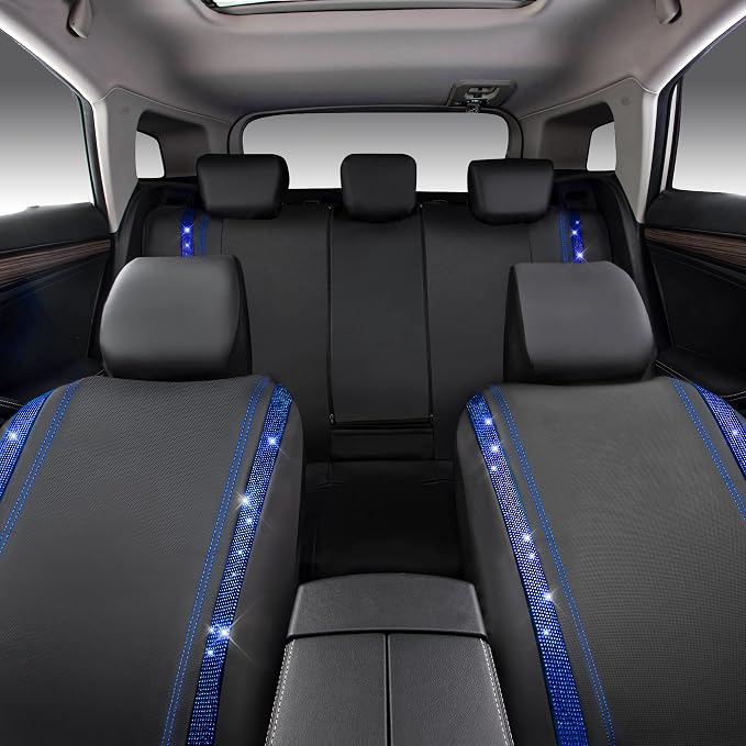 CAR PASS Bling Diamond Car Seat Covers Full Set, Shining Rhinestone Waterproof Faux Leather, Rear with Zipper, Universal Fit Automotive Glitter Crystal Sparkle Strips for Cute Women Girl, Blue - Image 8