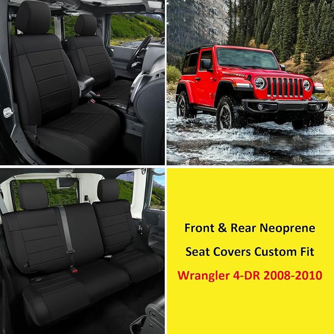 GIANT PANDA Neoprene Seat Covers for Jeep Wrangler JK 4-Door (2008-2010), Neoprene UV&Waterproof, Foam Padded, Front & Rear Seat Covers(Black) - Image 2