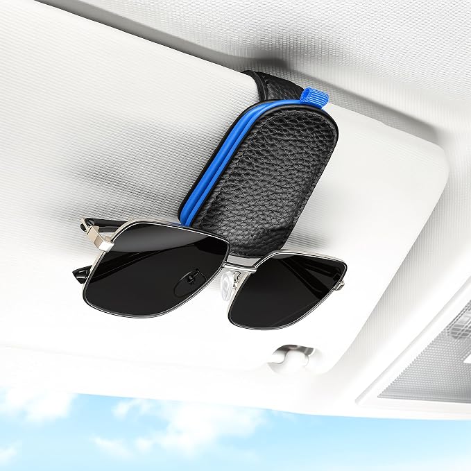 SINGARO Sunglasses Holder for Car, Leather Magnetic Buckle Sun Visor Sunglass Clip, Ticket Card Storage Glasses Clip, Car Interior Accessories for Men and Women（Black-Blue） by SINGARO