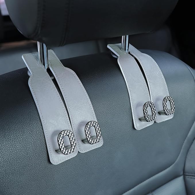 Car Headrest Hooks Universal Car Purse Hook Premium Leather and Alloy Twin Hook Car Seat Back Storage Hanger Hook for Purse Bags Cloth Drink Durable Holder Car Accessories (BH09-Grey-Black-4 Pack) - Image 2