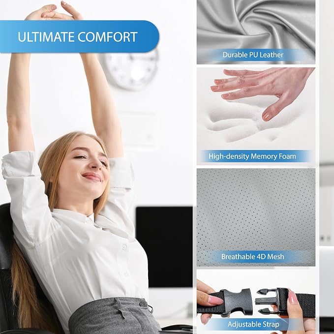Lofty Aim Lumbar Support Pillow for Car, Car Seat Back Support for Driving | Memory Foam Car Lumbar Support for Driving Seat, Car Back Cushion, Adjustable Straps, Lower Back Pillow, PU Leather, Gray - Image 4