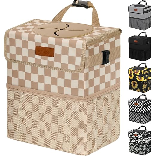 Vankor Car Trash Can with Lid Leak Proof Car Accessories for Women | 2.2 Gallon Cute Hanging Car Trash Bin for Men Car Truck Vehicle Interior Automotive Garbage Cans, Khaki Checkered by Vankor