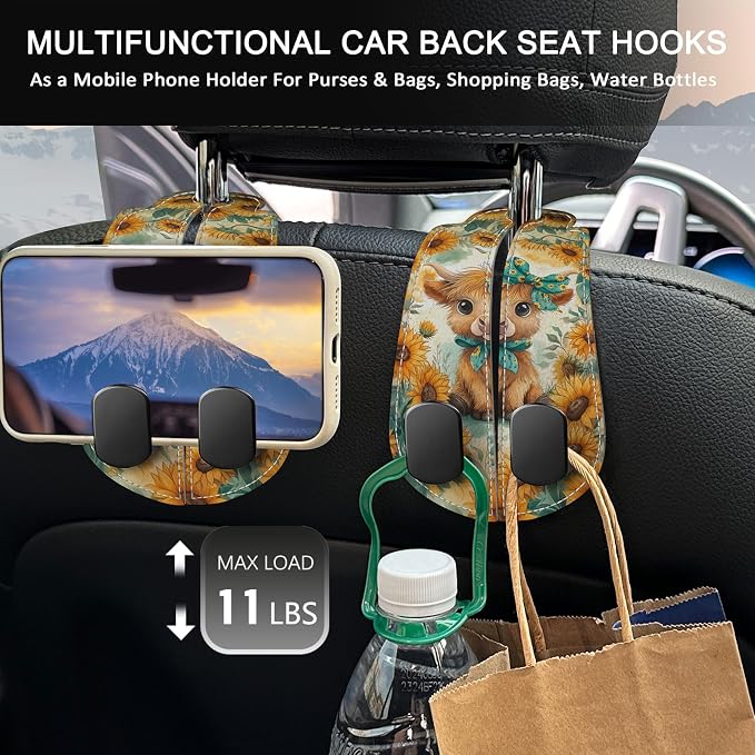 Blusabaca 2PCS Car Hooks for Purses Bags, Highland Cow Cattle Artwork Modern Seat Back Storage Headrest Holder Hanger PU Leather Double Metal Backseat Organizer, Women Car Accessories Organization - Image 3
