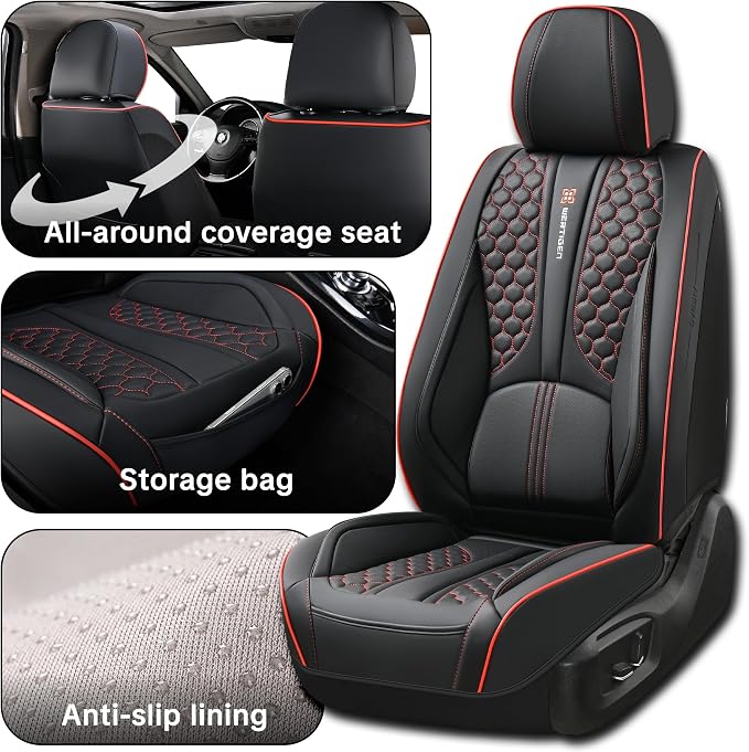 Black and Red Leather Car Seat Cover Set, with Lumbar Support | OEM-Inspired Interior Upgrade - Image 4