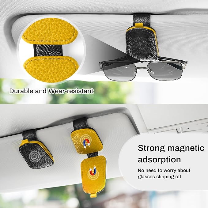 SINGARO Sunglasses Holder for Car, Leather Magnetic Buckle Sun Visor Sunglass Clip, Ticket Card Storage Glasses Clip, Car Interior Accessories for Men and Women（Black-Yellow） - Image 7