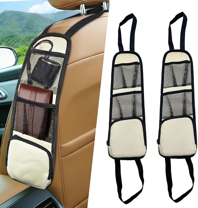 Car Seat Side Storage Pocket, Car Multifunctional Seat Organizer Hanging Bag, Auto Mobile Phone Wallet Sunglasses Mesh Net Pocket, Auto Accessories for Cars SUVs Trucks (Beige, 2PCS) by Unknown