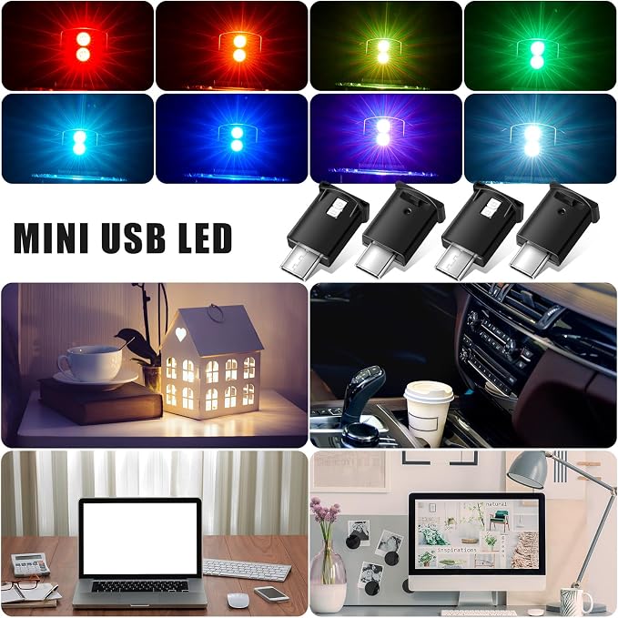 Frienda 4 Pieces Mini USB LED Light, Car LED Interior Lighting 5v Smart USB Atmosphere Light, Laptop Keyboard Office Decoration Night Lamp, Adjustable Brightness, 8 Colors (Type C) - Image 6