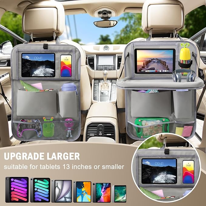 2Pack Car Backseat Organizer with Foldable Table Tray,6 Storage Pockets Car Storage Organizer with Tablet Holder,Car Seat Back Protectors Kick Mats Travel Accessories (Grey) - Image 9
