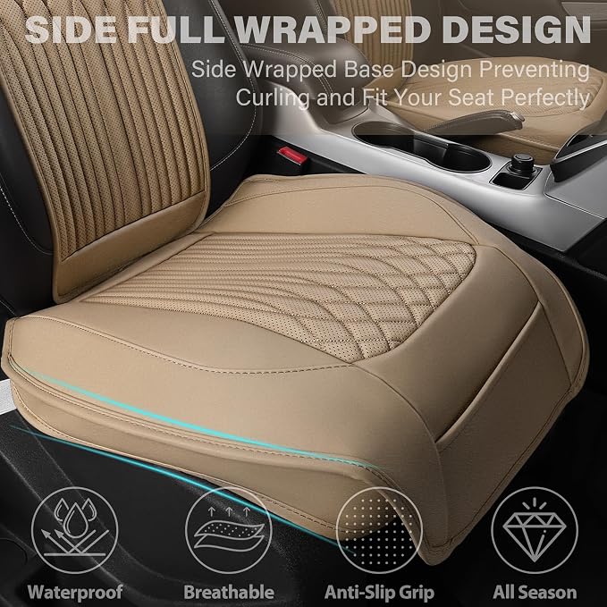 CAR PASS Car Seat Protector, 2 Pack Sideless Nappa Leather Seat Covers for Cars, All Season Waterproof Breathable Front Seats Cushion with Storage Pocket Universal Fit Vehicle Car SUV Truck, All Beige - Image 6