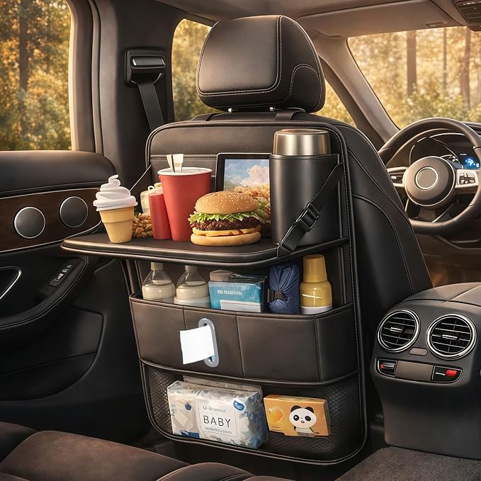1 Pack Backseat Car Organizer, Large Capacity with Adjustable Foldable Table Tray, Waterproof PU Leather Back Seat Storage with Touch Screen Tablet Holder, Car Travel Essentials, Obsidian Black by HKFALDRR