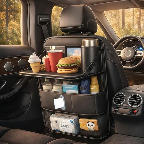 1 Pack Backseat Car Organizer, Large Capacity with Adjustable Foldable Table Tray, Waterproof PU Leather Back Seat Storage with Touch Screen Tablet Holder, Car Travel Essentials, Obsidian Black by HKFALDRR