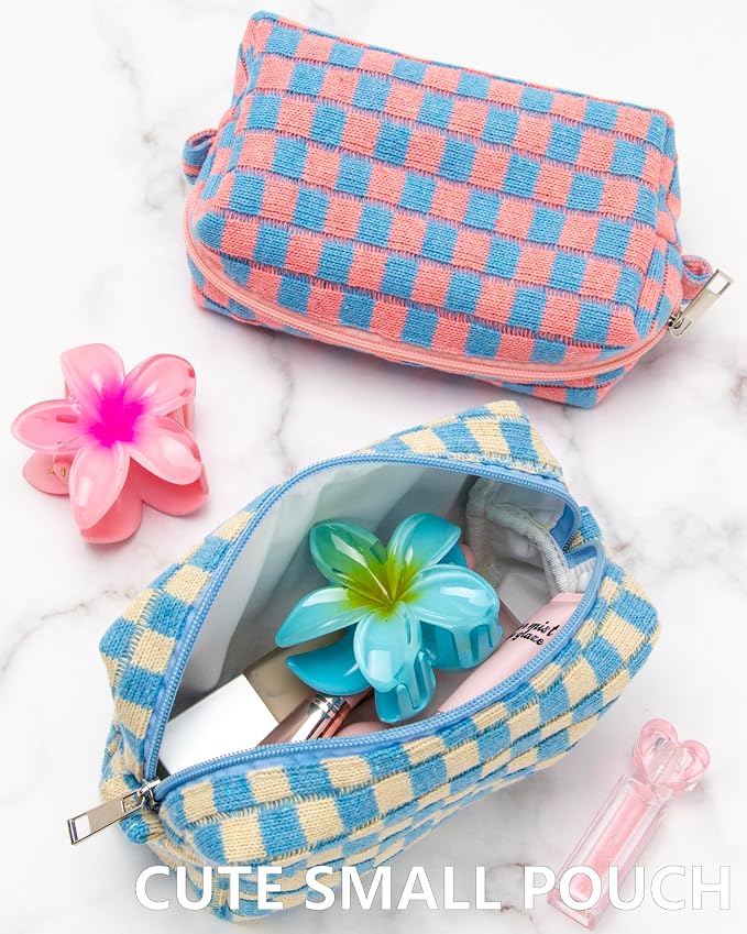 Checkered Makeup Bag for Purse, Small Cosmetic Pouch,Blue Beige,2 Pack | Cute Zipper Makeup Organizer for Women, Travel Essentials, Toiletries, Makeup Brushes, Beauty Accessories&Bridesmaid Gifts - Image 5