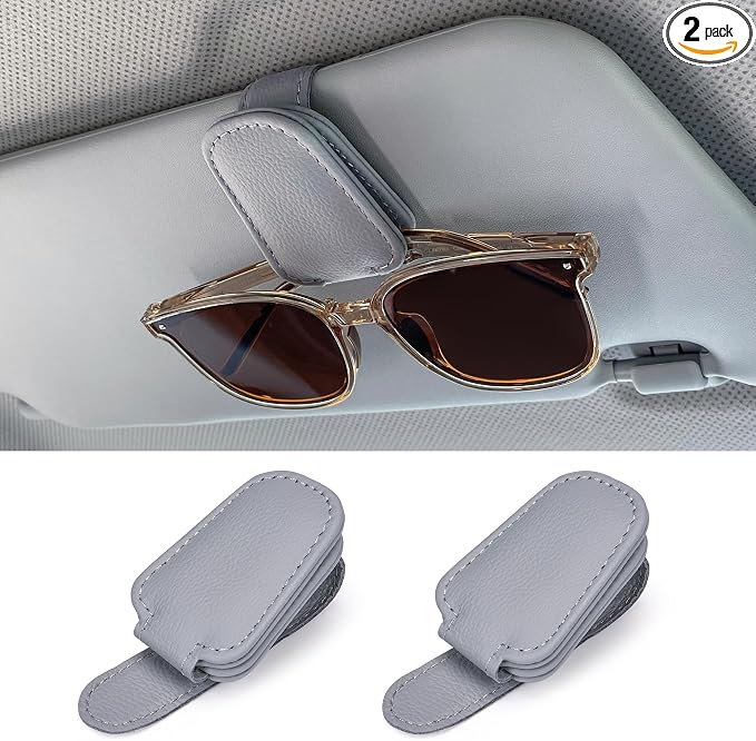 Shering Sunglasses Holders for Car Sun Visor, 2pack Magnetic Leather Glasses Eyeglass Hanger Clip for Car, Ticket Business Card Clip Eyeglasses Mount Car Visor Accessories (Grey) | Magnetic Leather Eyeglass Hanger Clip for Car Visor, One-Hand Easy Oper... by SheringBlingDecor