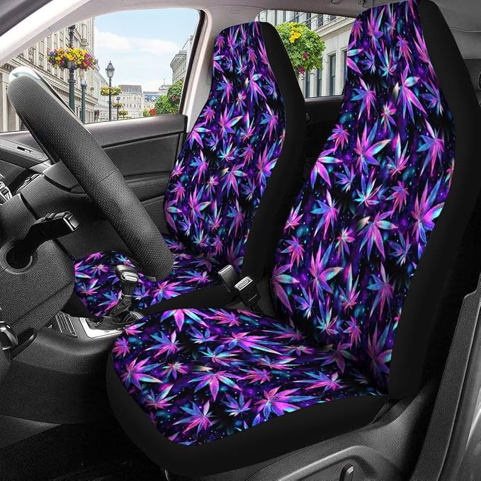 GENANY Galaxy Hemp Leaf Car Seat Covers, 2-Piece Front Seat Set | 2-piece polyester front seat cover set, each 49.5 x 19.6 inches, with adjustable straps and hooks - Image 3