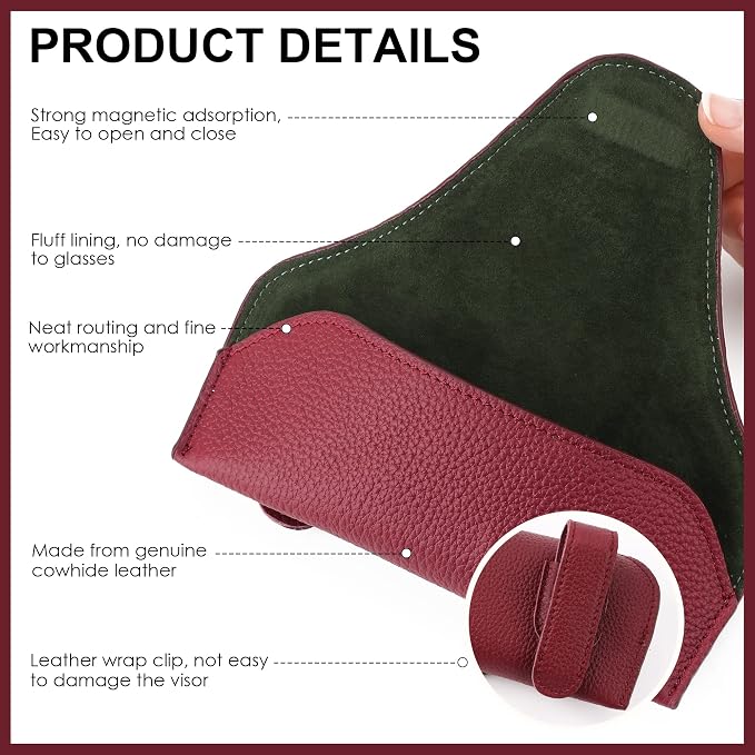 Magnetic Sunglass Holder for Car Visor, Leather Car Glasses Holder | Red Visor Accessories Eyeglasses Holder Glasses Storage Case - Image 6