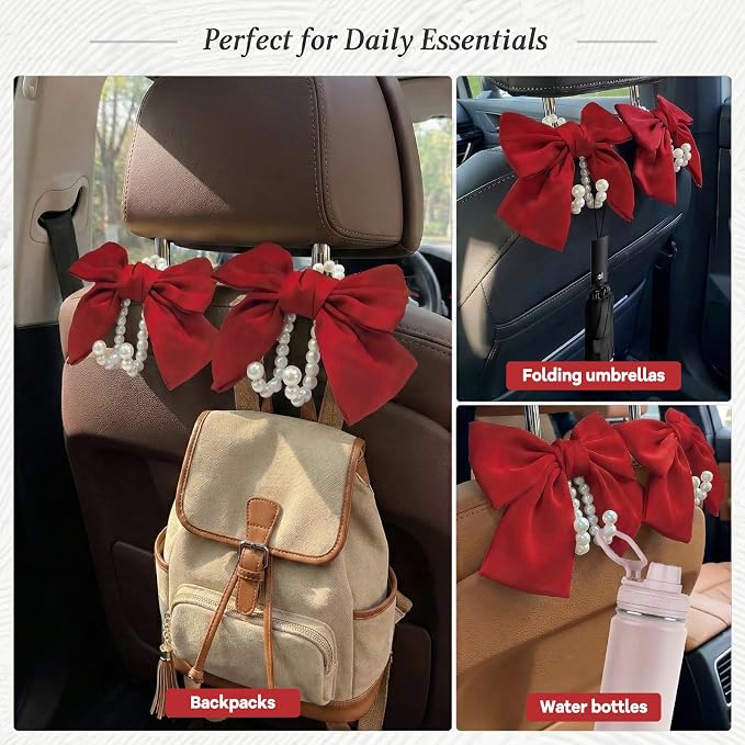 2PCS Satin Bow Pearl Car Seat Headrest Hooks – Car Bag Holder & Vehicle Hanger for Purses – Cute Coquette Aesthetic Interior Decoration – Cute Auto Organizer Accessories Universal (Red) - Image 4