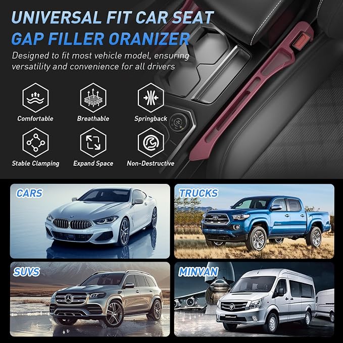 Car Seat Gap Filler 2Pack, Inserts Between Seats Console with Organizer Storage Upgraded Phone Holder Side Seat Gap Fillers Cars Front Seats Fill Plug Car Essentials for Vehicle SUV Truck (Wine Red) - Image 6