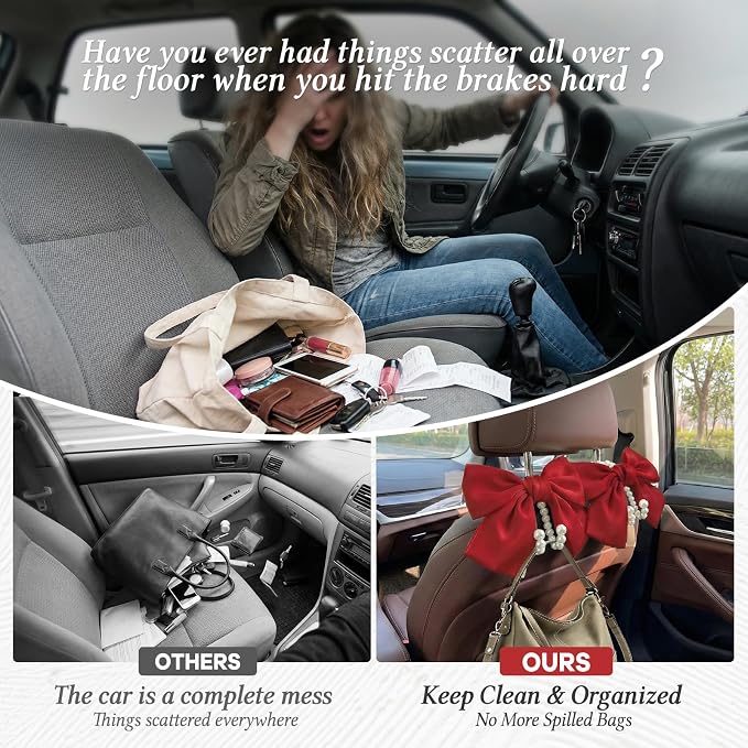 2PCS Satin Bow Pearl Car Seat Headrest Hooks – Car Bag Holder & Vehicle Hanger for Purses – Cute Coquette Aesthetic Interior Decoration – Cute Auto Organizer Accessories Universal (Red) - Image 5