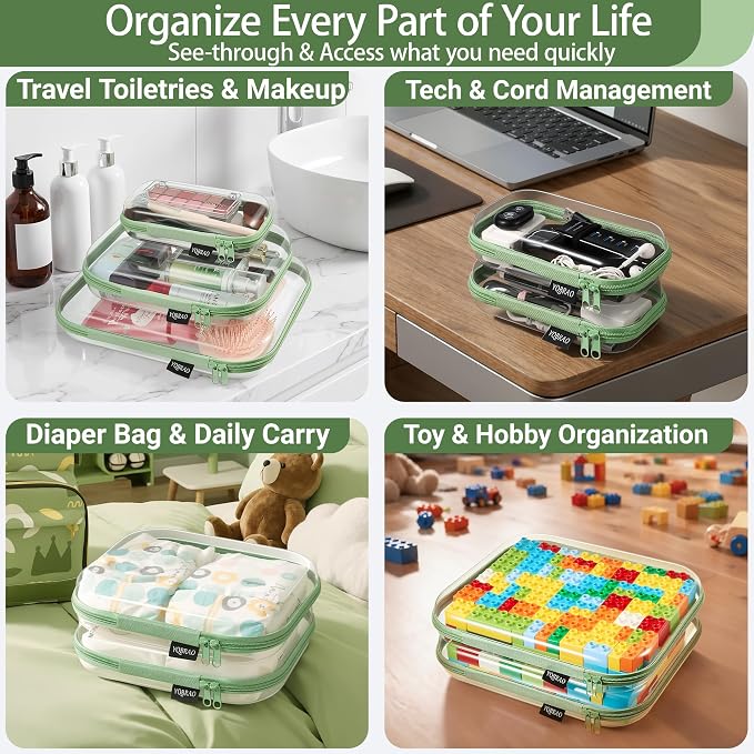 YQBRAO Clear Hard Shell Organizer Cases, 3-Pack, Green | Large, medium & small rigid PET organizers for home, travel, crafts and everyday organization - Image 3