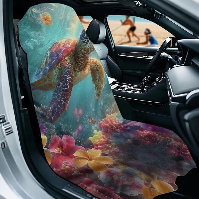 Sea Turtle Print Car Seat Towel Covers Front Seats Hibiscus Plumeria Print Seat Shield for SUV Truck Sedan Quick-Dry Athletic Towels for Car Seats with Storage Bag - Image 2