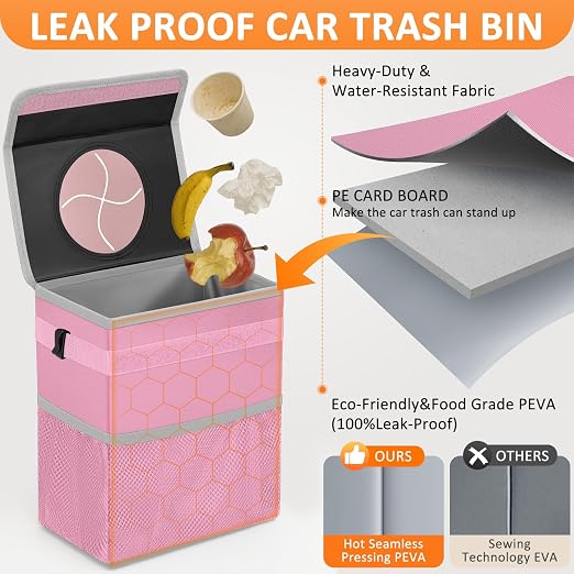 Vankor Car Trash Can with Lid Leak Proof Car Accessories for Women | 3 Gallon Cute Hanging Car Trash Bin for Men Car Truck Vehicle Sedan SUV Interior Automotive Garbage Cans, Pink - Image 3