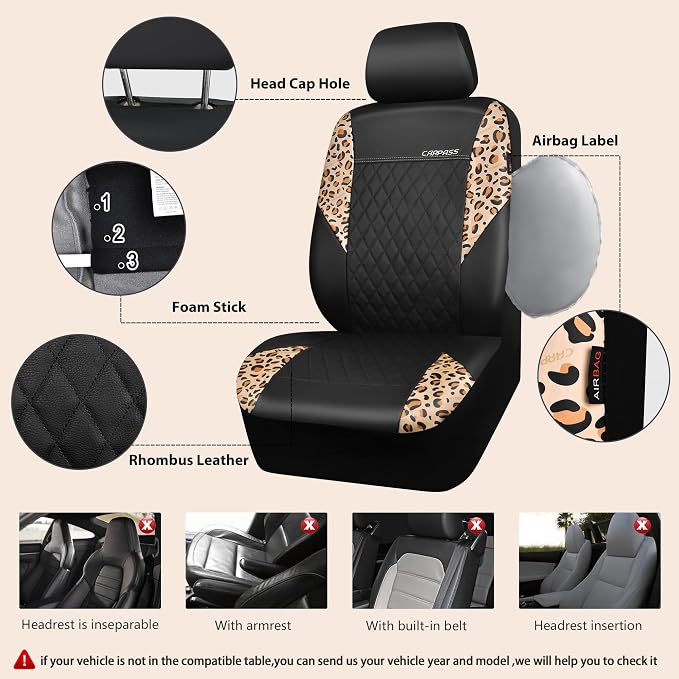 CAR PASS Leather Leopard Two Front Seat Cover Only, Universal Quilting Waterproof Deluxe PU Premium Vinyl Luxury Car Seat Cover Airbag Compatible for Most Sedan,SUV,Truck(Two Front, Brown Leopard) - Image 4