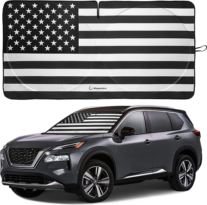 American Flag Windshield Sun Shade, High-Resolution Car Sun Shield with Mirror Cut-Out for Automotive Interior Sun and Heat Protection, Folding Sunshade with Storage Bag - Medium, Black & White by Magnelex
